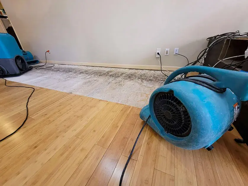 Air movers drying a hardwood floor after a leak in a Smyrna, GA home